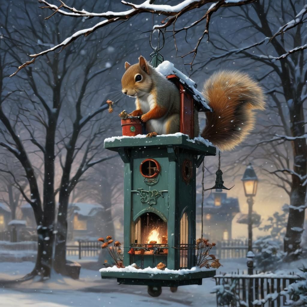 Fluffy Squirrel on Whimsical Birdhouse in Winter