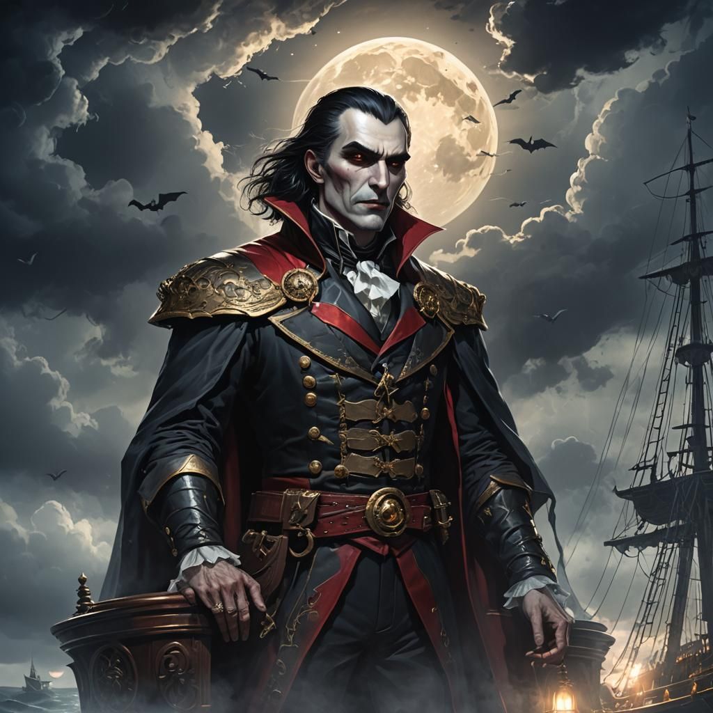Vampire Captain on Gothic Ship in Anime Style