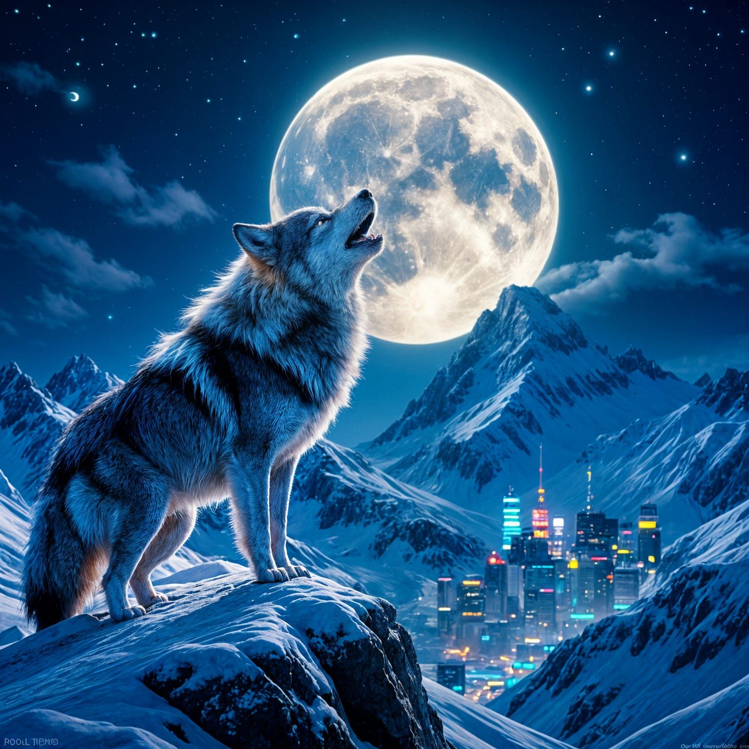 Bioluminescent Wolf Howling at Moon in Glitch Art Style