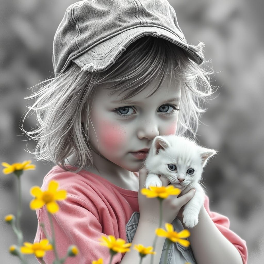 Girl with Kitten in Ultra-Realistic Greyscale Sketch