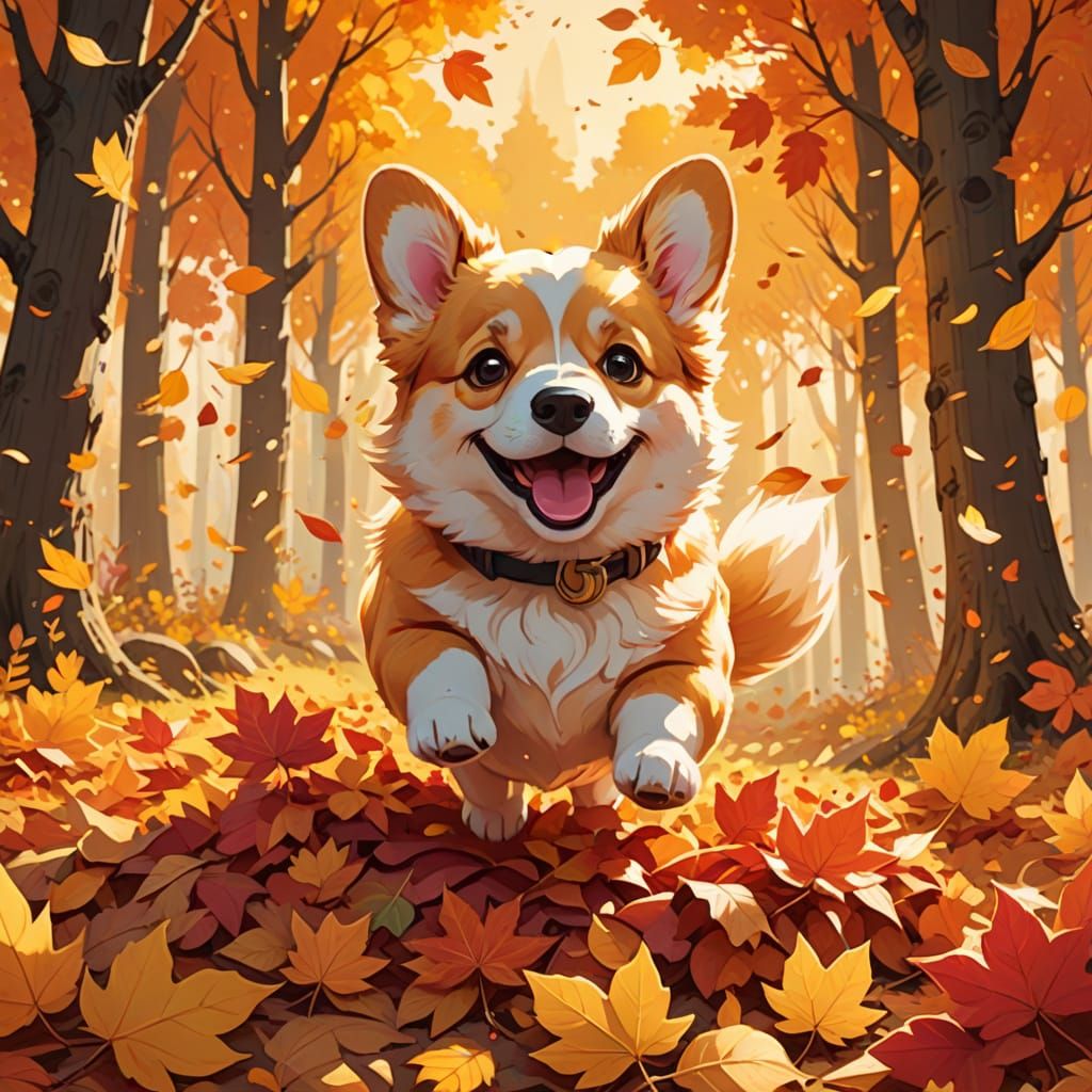 Fluffy Corgi Puppy Leaps Into Autumn Leaves