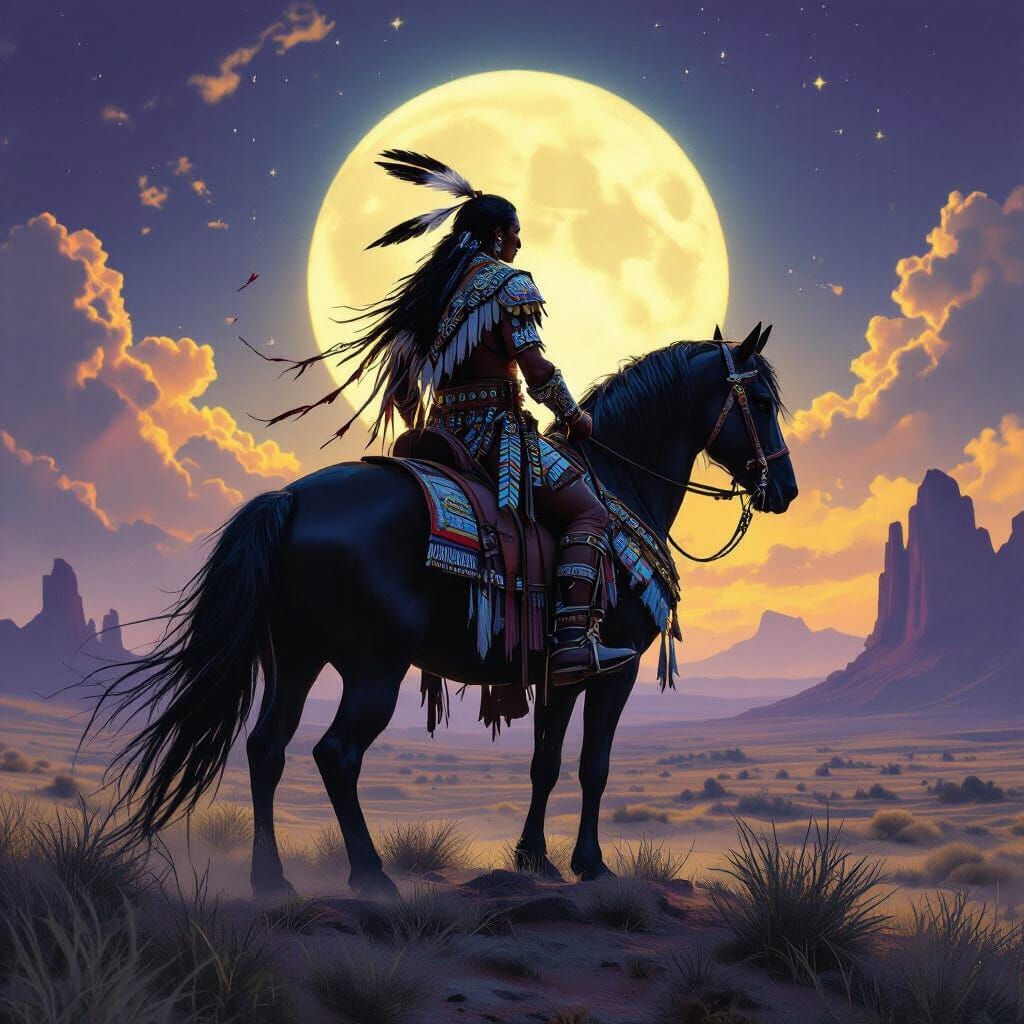 Native American Warrior Surveys Alien Landscape on Black Sta...