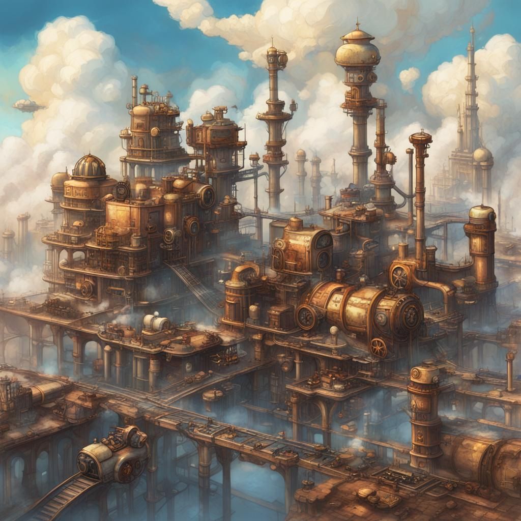 Steampunk Floating City Amidst Clouds: Aerial View