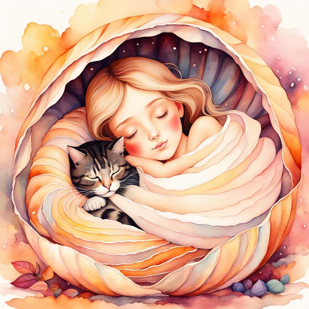 Sleeping Girl with Cat in Shell: Watercolor Art