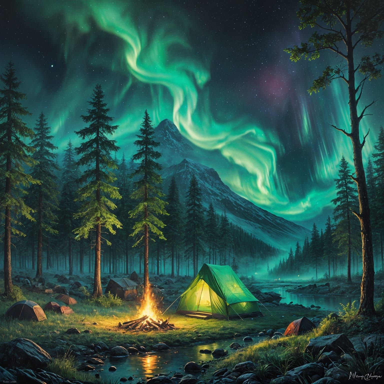 Neon Aurora Illuminates Night Camping Scene