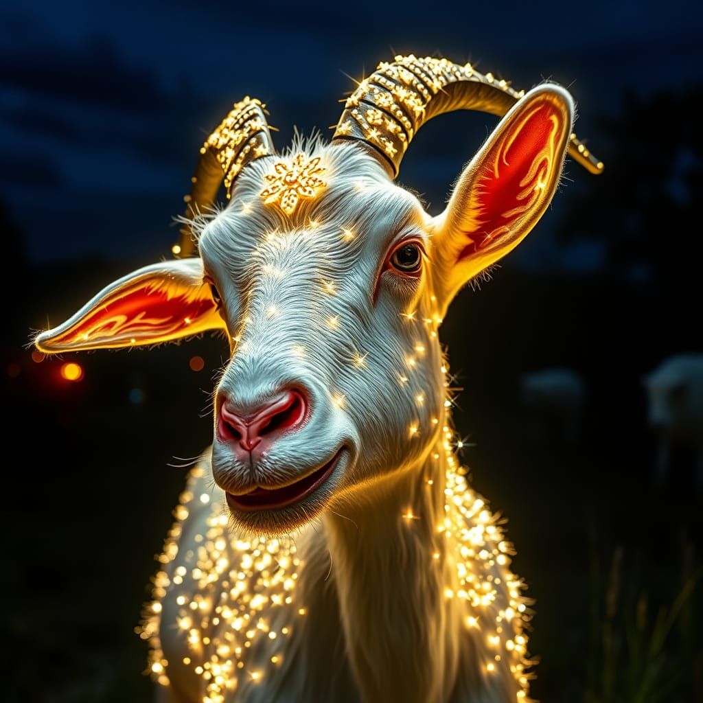 Glittering Goat in a Night Farm Scene