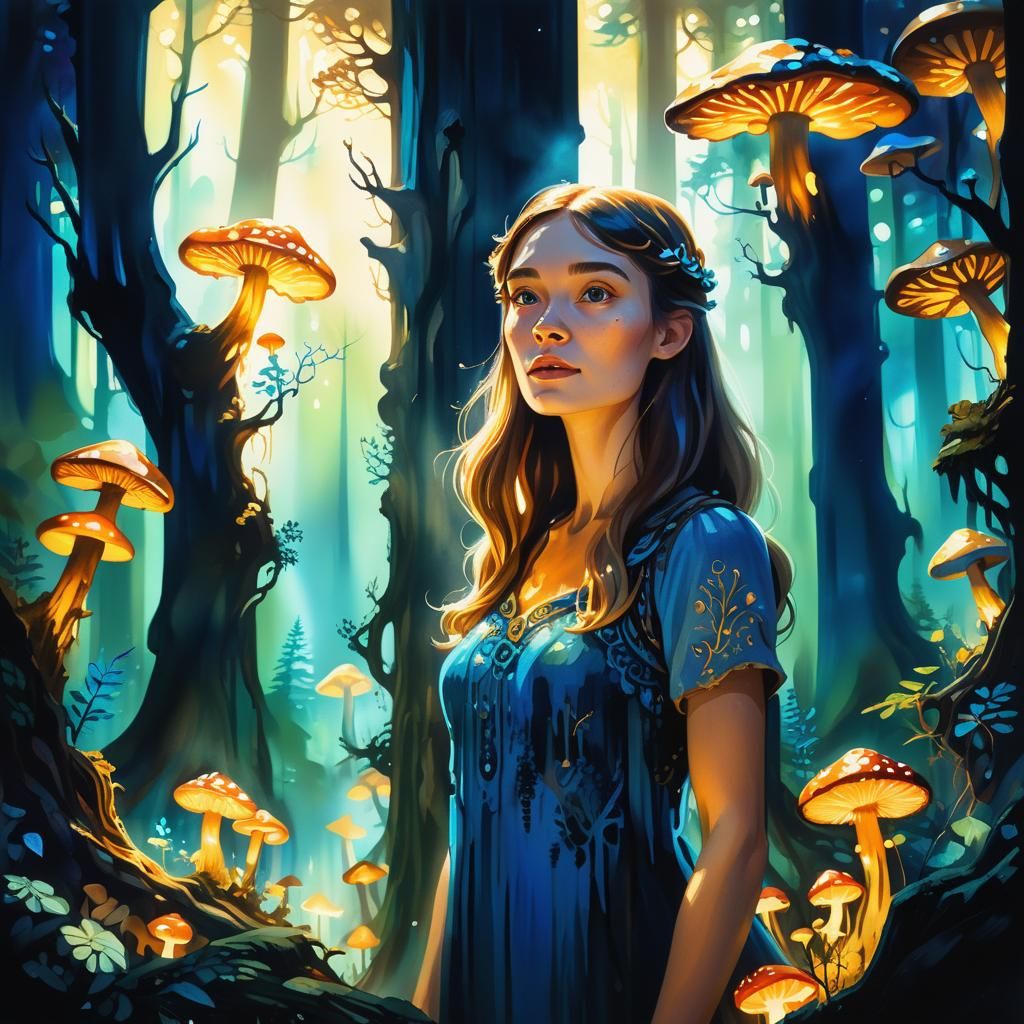 Young Woman in Mystical Forest, Melting Gouache Style