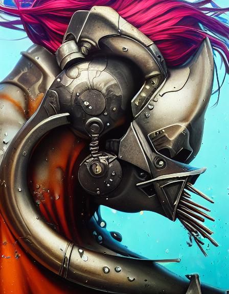 Sad Cyborg Girl with Rainbow Hair, Hyperrealistic Concept Ar...