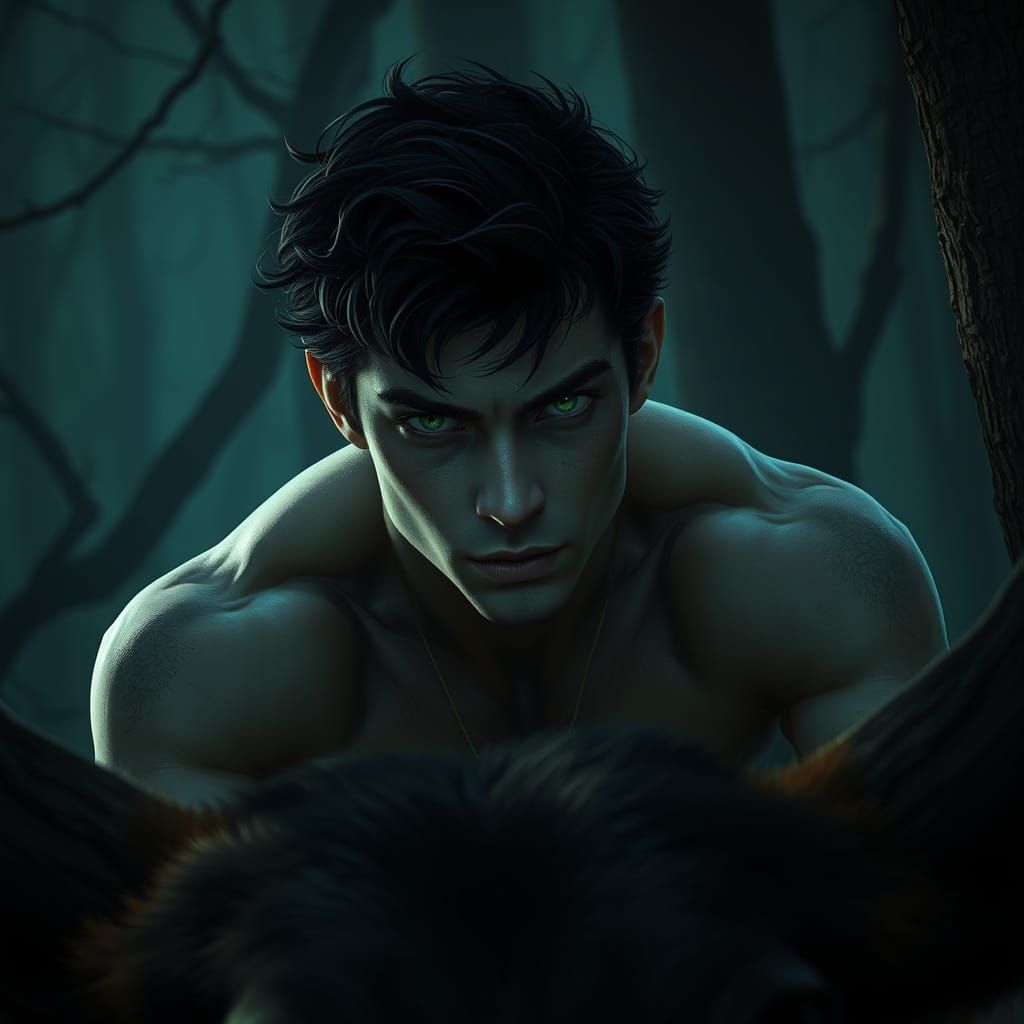 Young Man Rides Bear in Dark Fantasy Forest