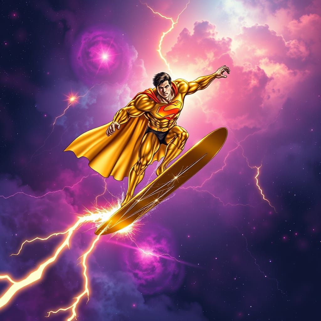 Hercules Superman Surfs Lightning in Cosmic Nebula