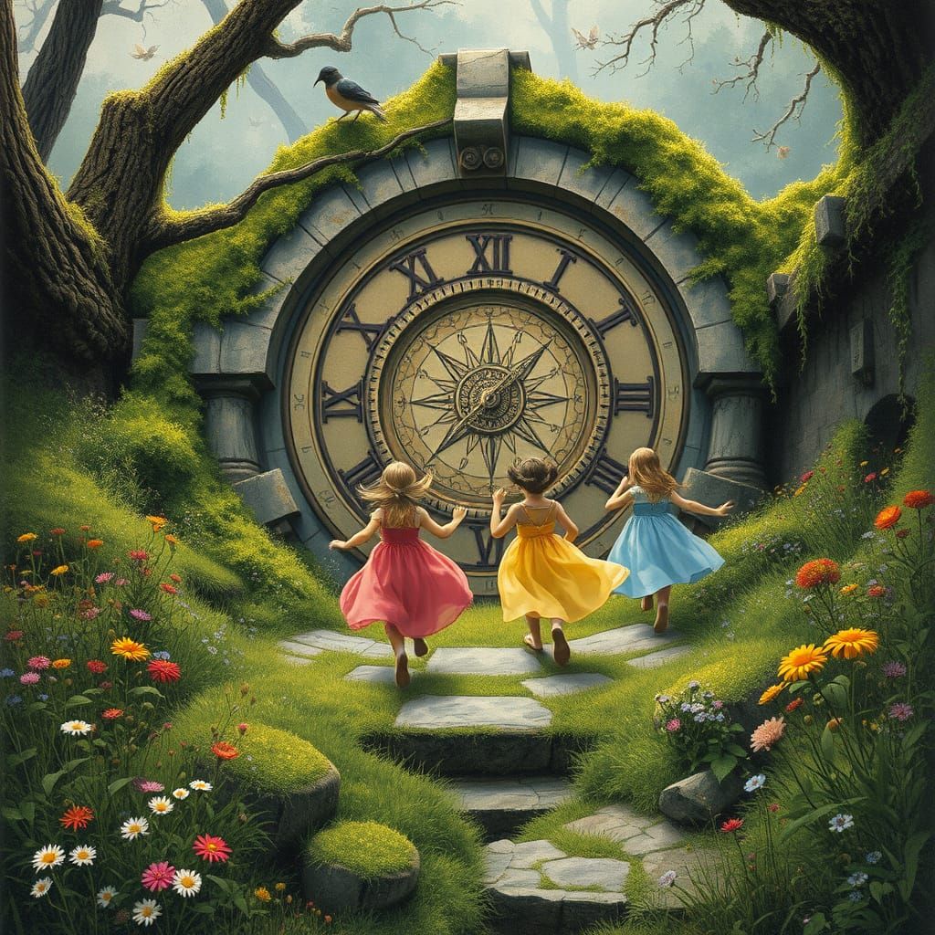 Children Playing Around Ancient Sundial in Mystical Garden