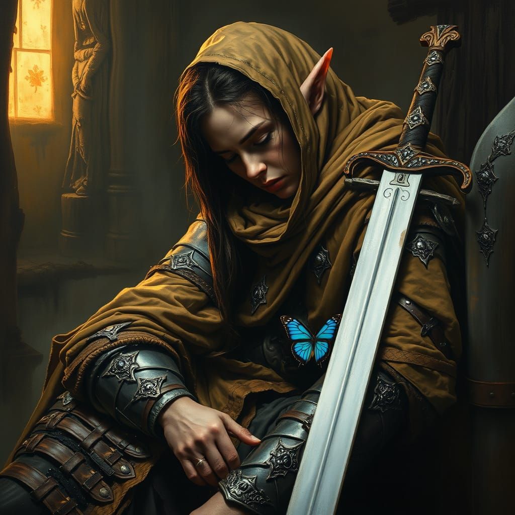 Soulful Elf Warrior in Tenebrism Oil Painting