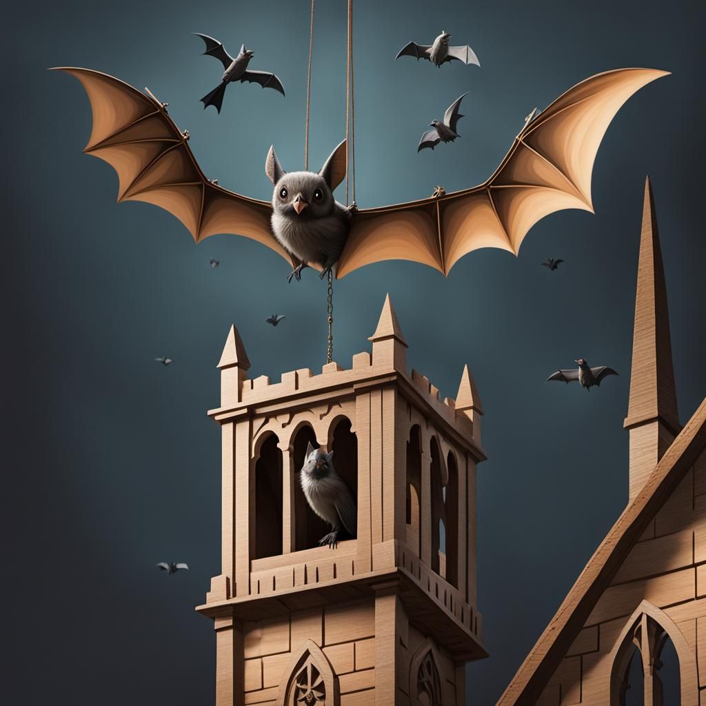 Muted Belfry Scene: Bird, Beam, and Bat