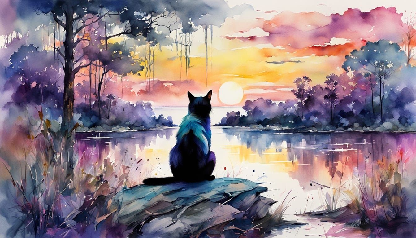 Siamese Cat in Purple Sunset Watercolor Landscape