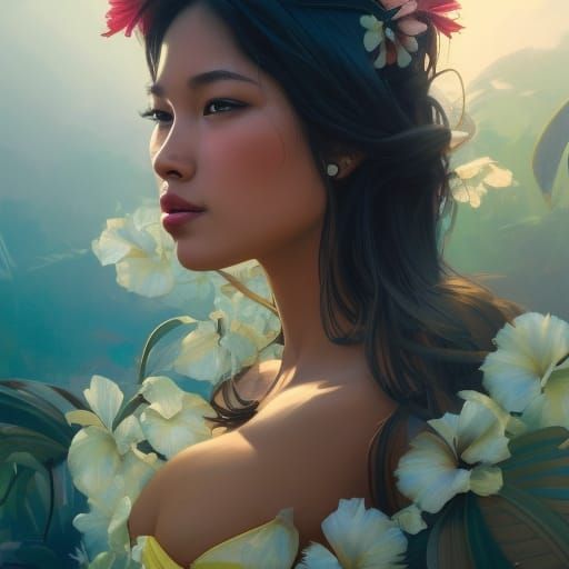 Elegant Hawaiian Woman Portrait in Art Nouveau Style