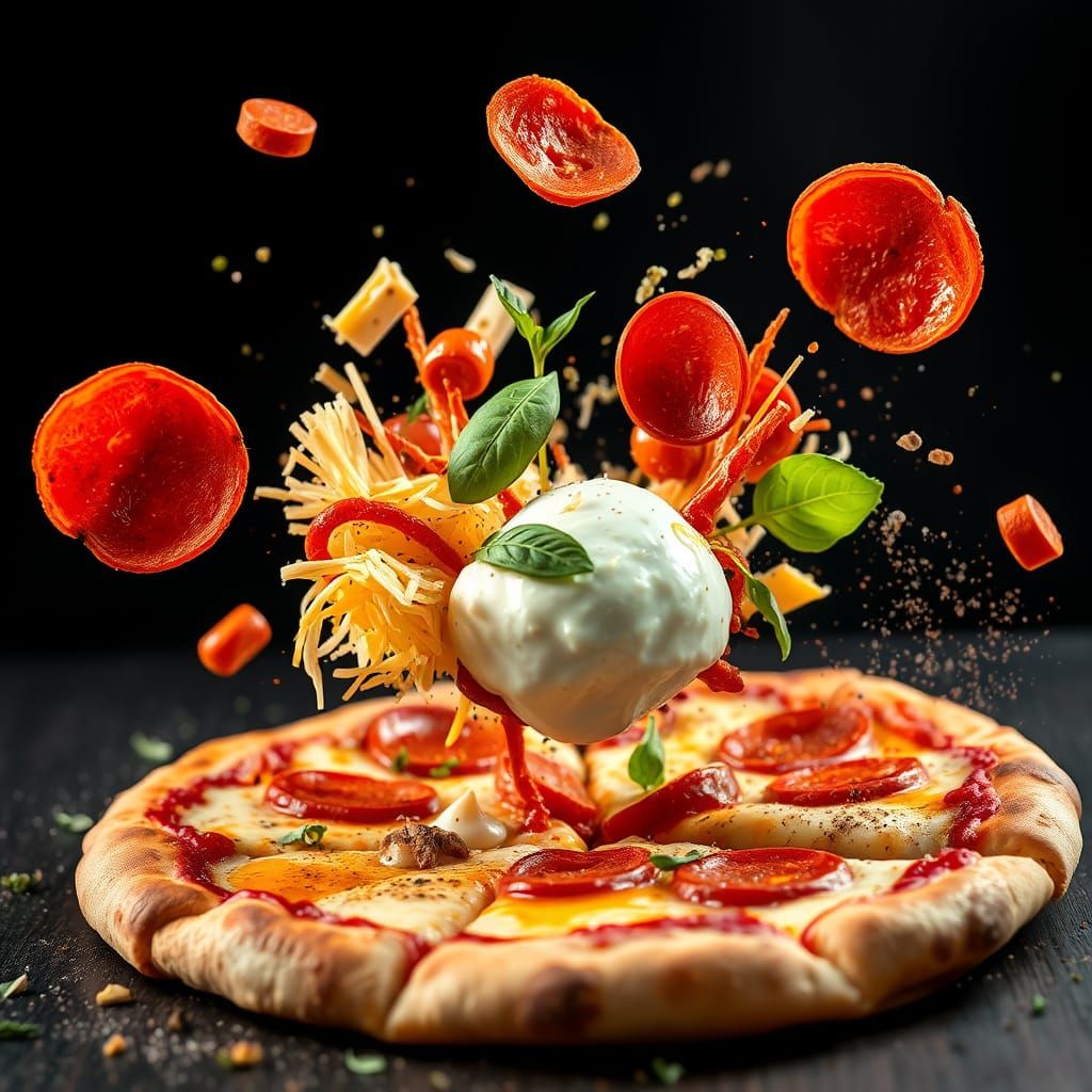 Dramatic Food Explosion in Mid-Air, with Deconstructed Pizza...