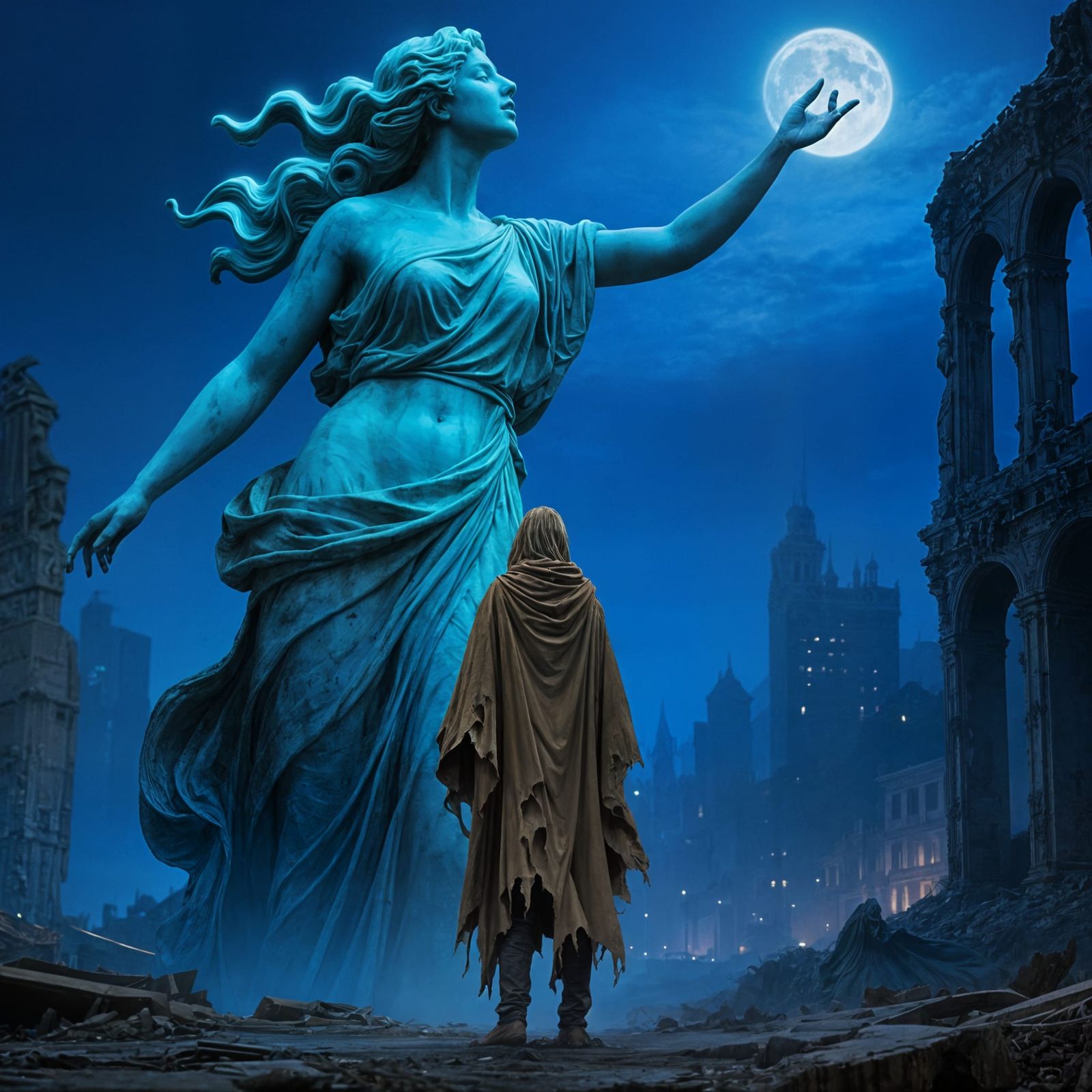 Colossal Statue of Singing Woman at Night