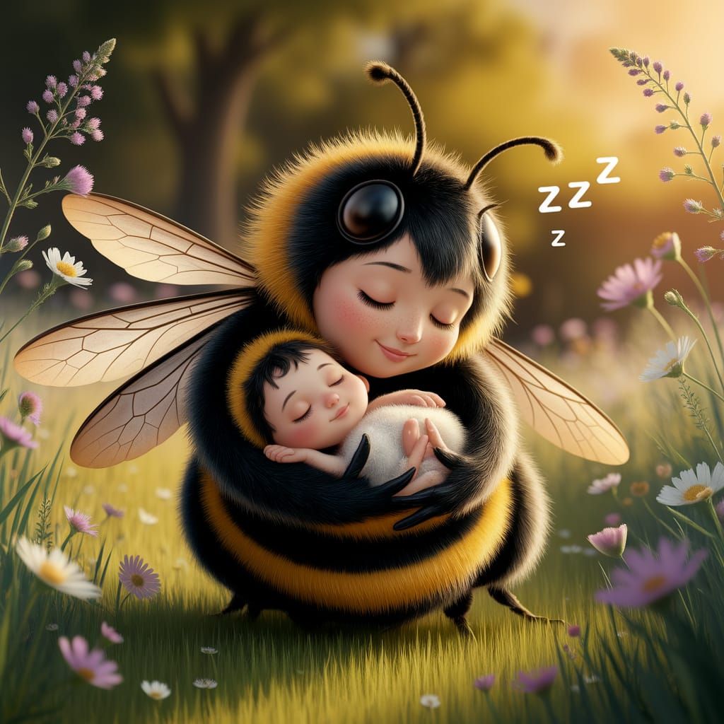 Mother Bumblebee Cradles Sleeping Baby in Meadow
