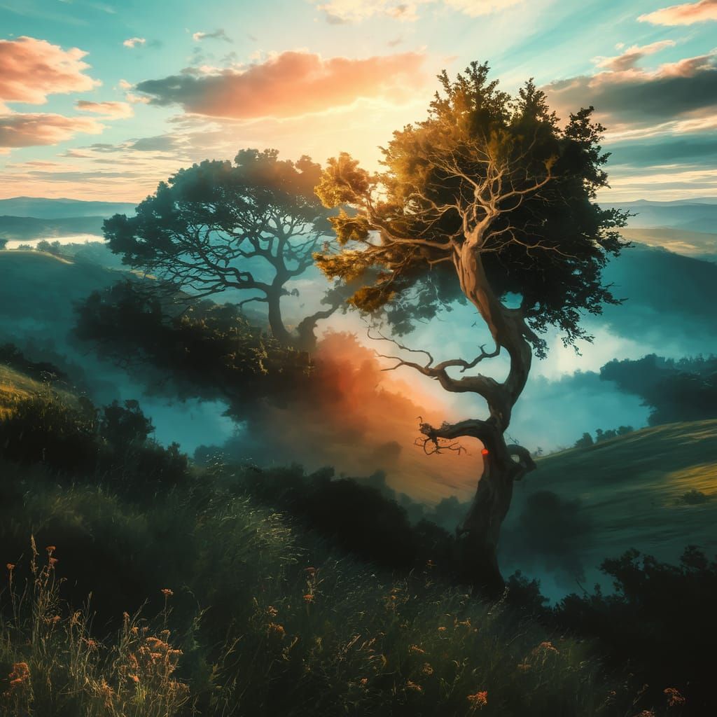 Ancient Tree in Sunset Landscape, Painted in Vibrant Hues