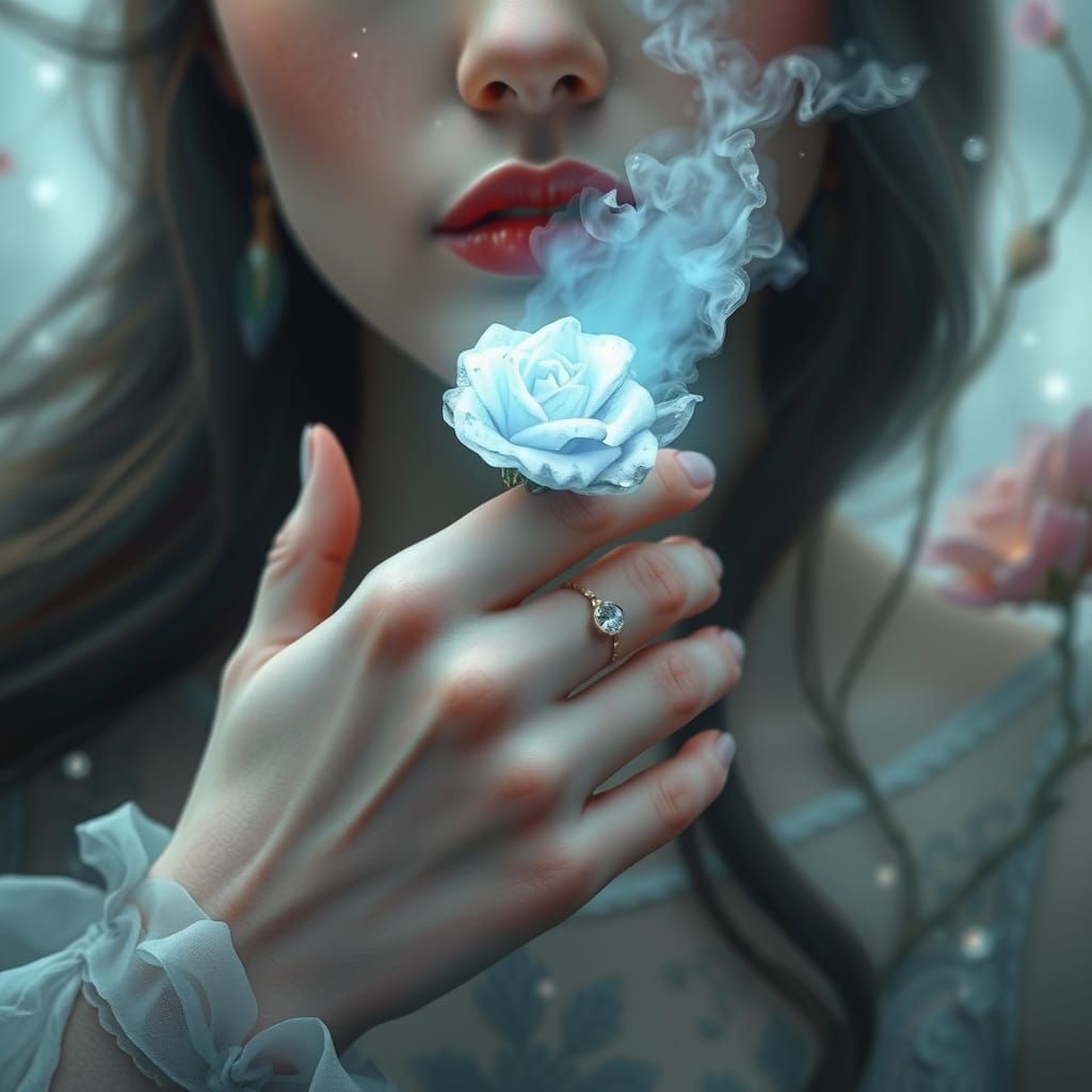Ethereal Woman Wears Crystal Rose Ring in Whimsical Fantasy