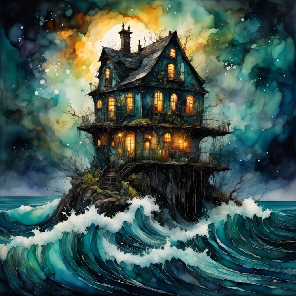 Whimsical House on Stormy Island in Watercolor Style