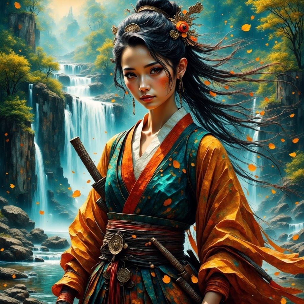 Female Samurai Warrior by Waterfall Portrait