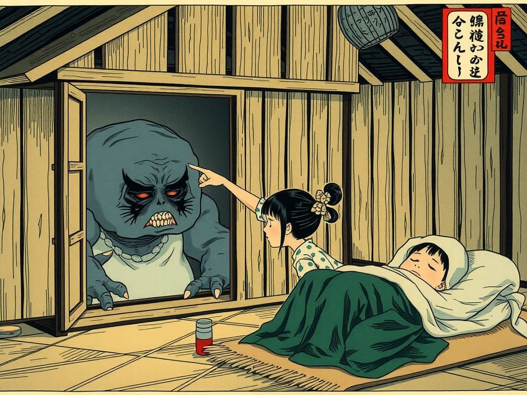 Baku Spirit and Little Girl: Ukiyo-e Illustration