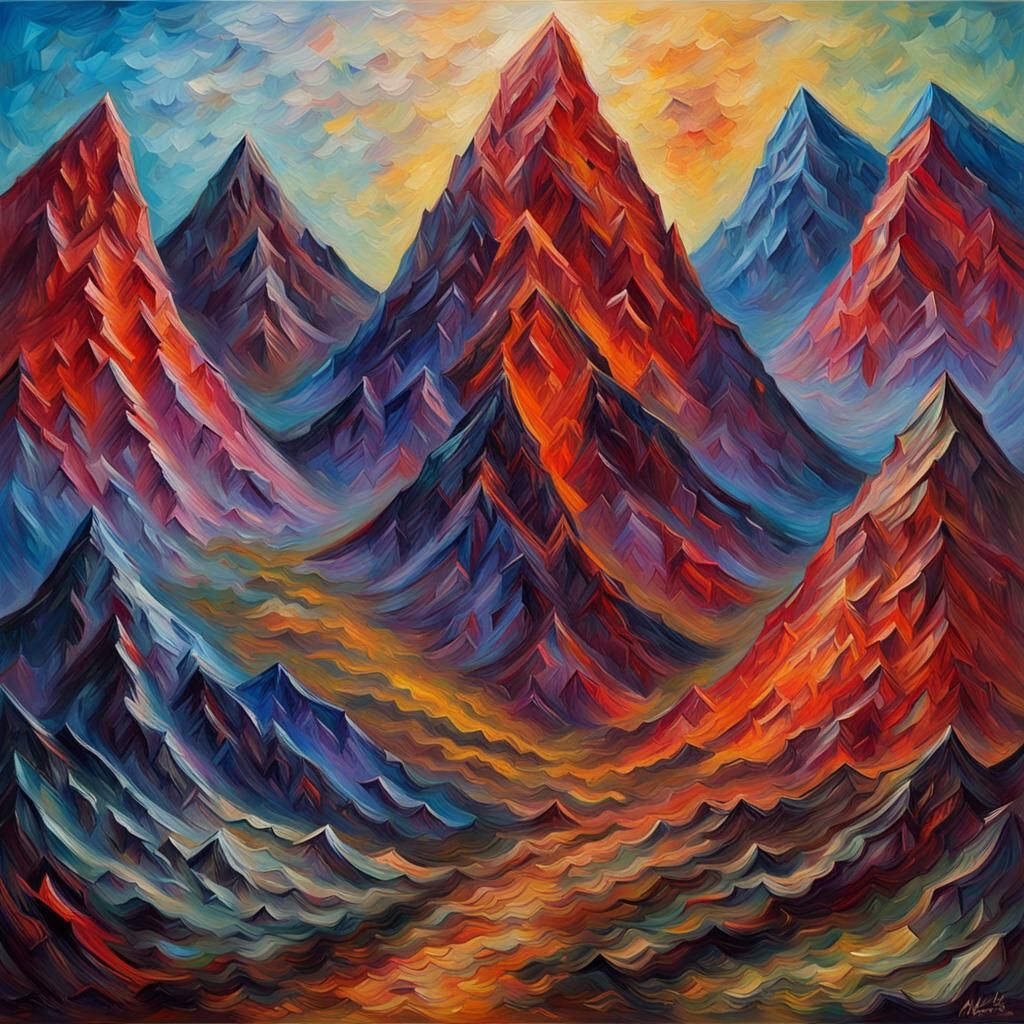 Mountains with Demonic Face: Neo-Impressionist Oil Painting