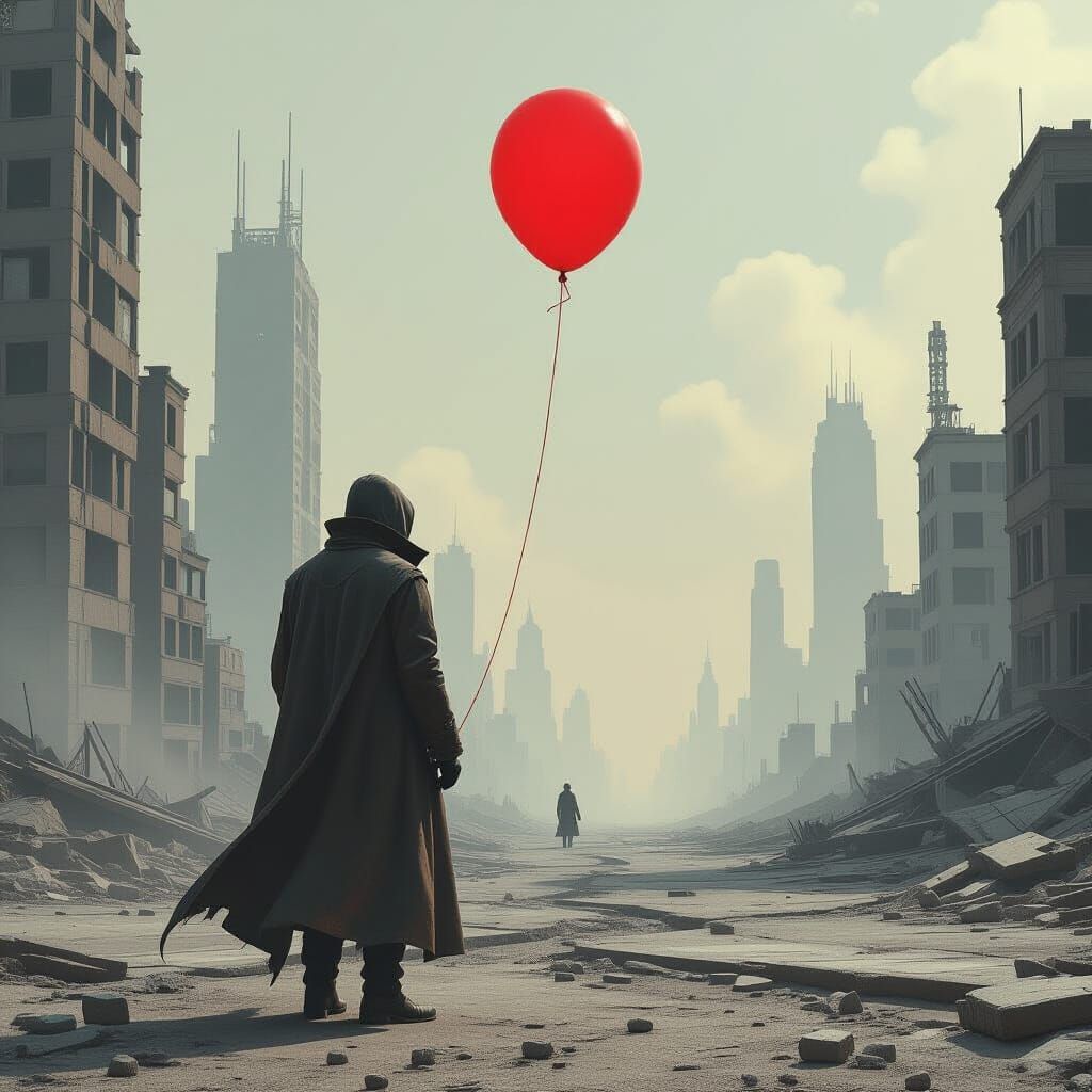 Dystopian Figure with Red Balloon in Ruined City