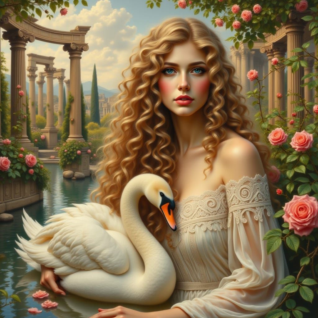 Ethereal Greek Goddess in Lush Garden Oasis