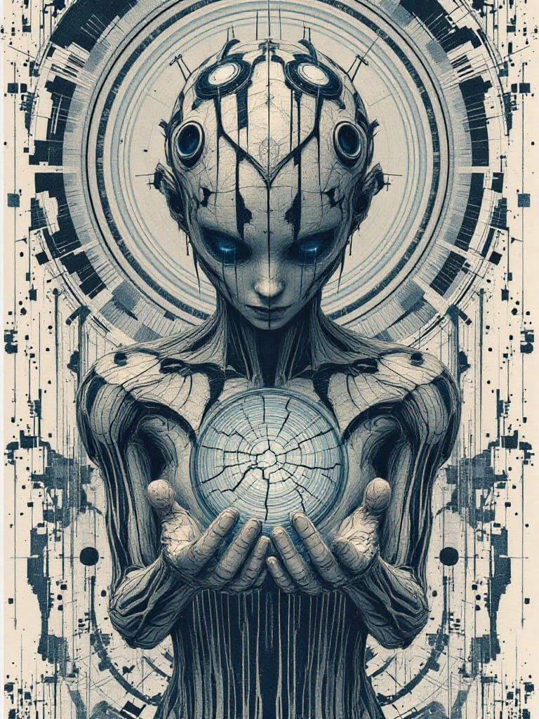 Surreal Figure Emerges from Weathered Woodcut Landscape