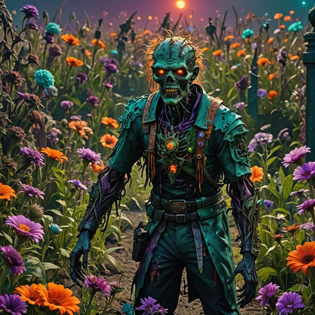 Zombie God at Underworld Gates with Colorful Lights