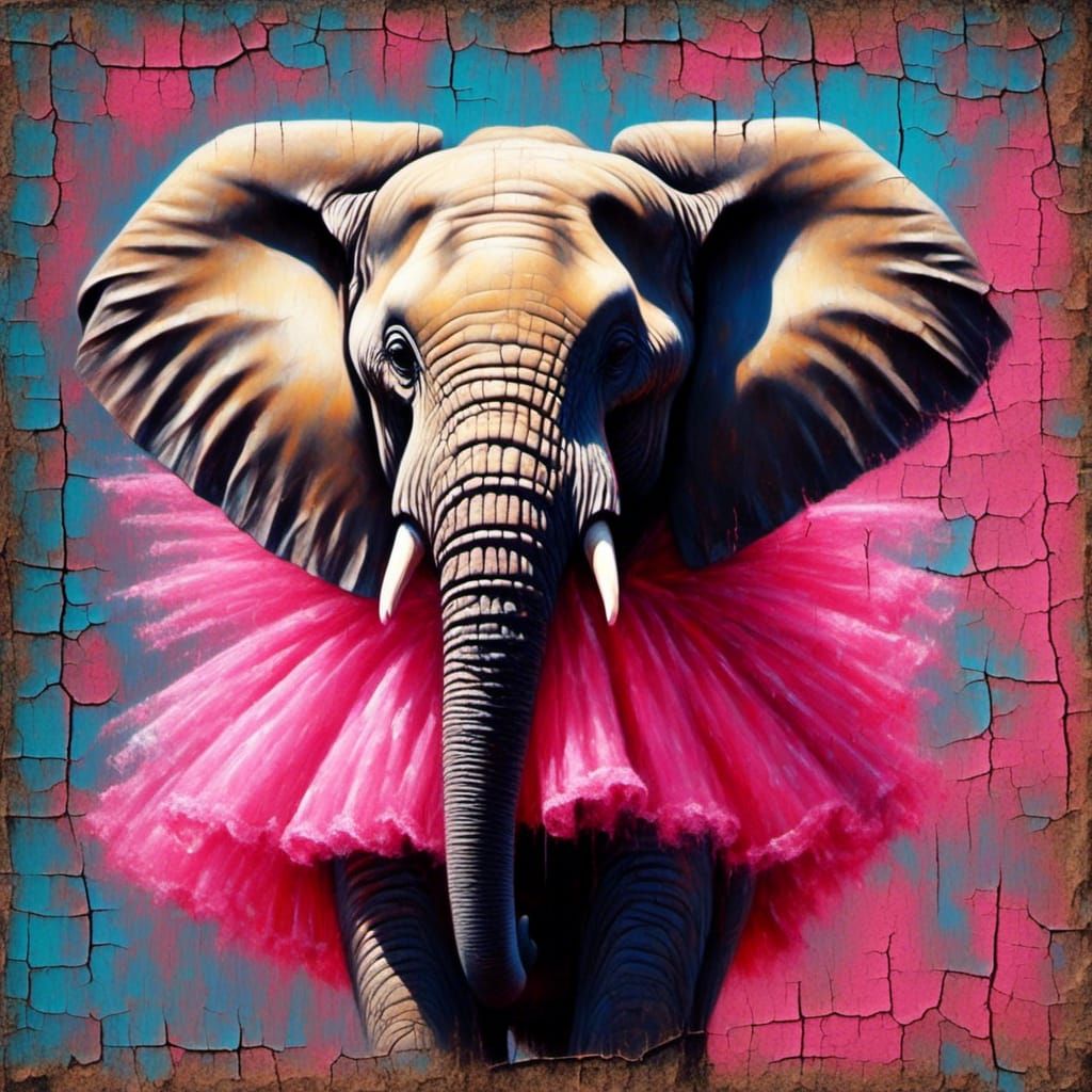 African Elephant in Pink Tutu: Cracked Oil Painting