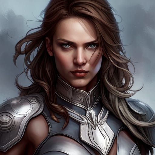 Detailed Portrait of a Female Warrior in Silver Armor