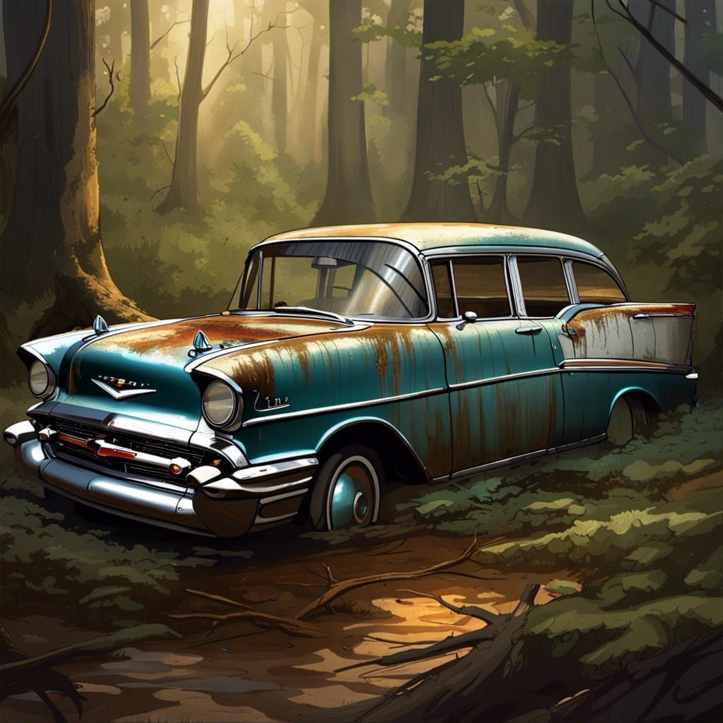 Wrecked 1957 Chevy Sedan in Forest, Hyperdetailed Digital Ar...