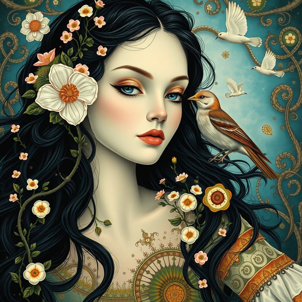 Dreamlike Surrealist Goddess with Flowers and Vines