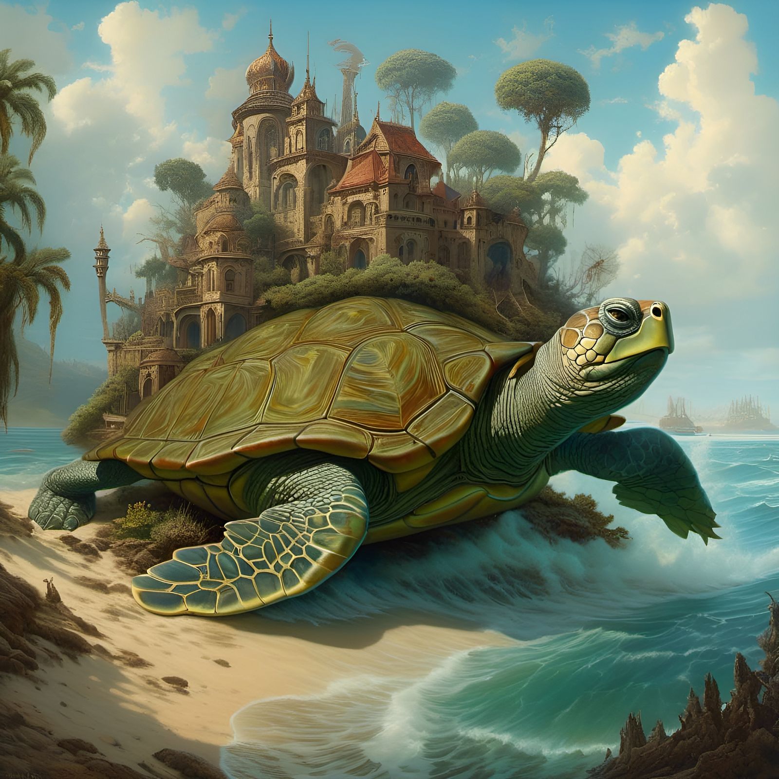 Surreal Turtle with Water Laguna Shell Art