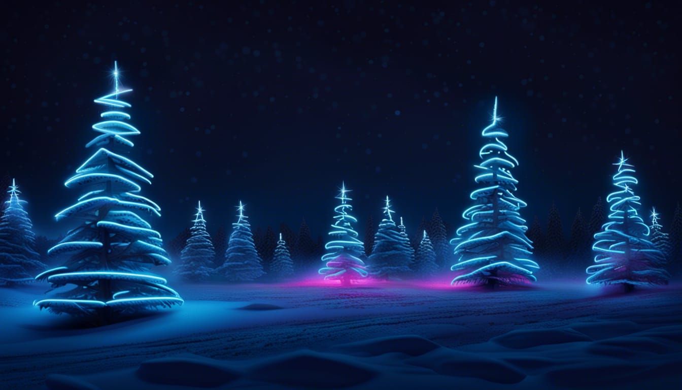 Neon Lit Snowy Christmas Tree Farm