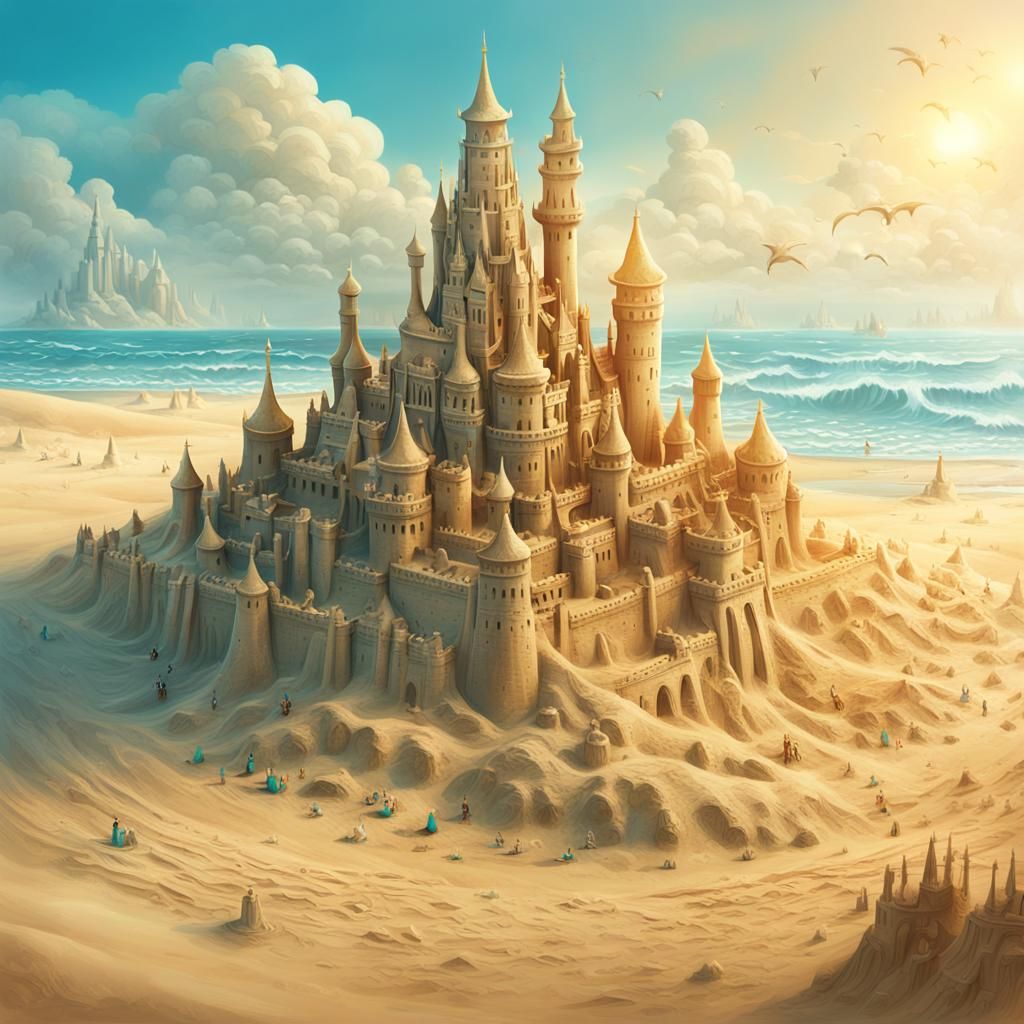 Majestic Sandcastle Towers by the Sea in Dreamlike Style