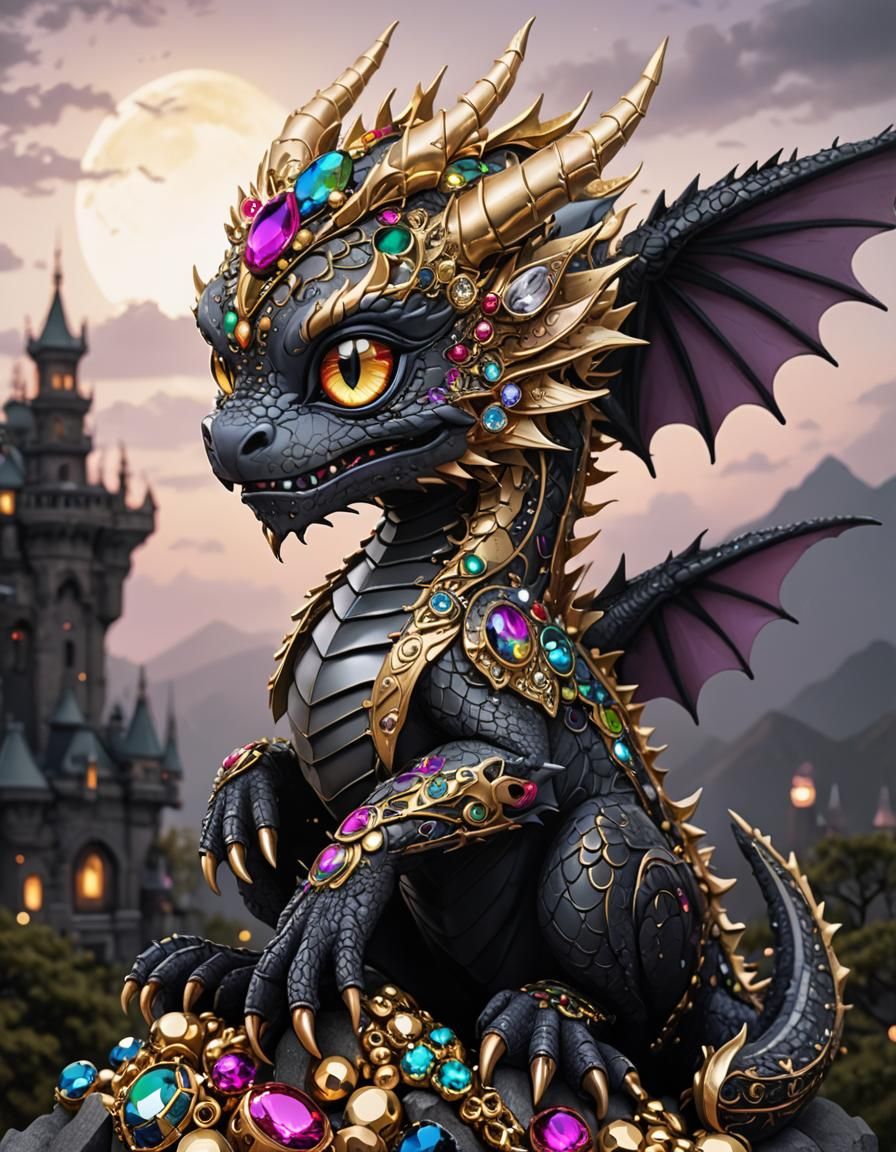 Chibi Gothic Dragon on Jewel Hoard Digital Art
