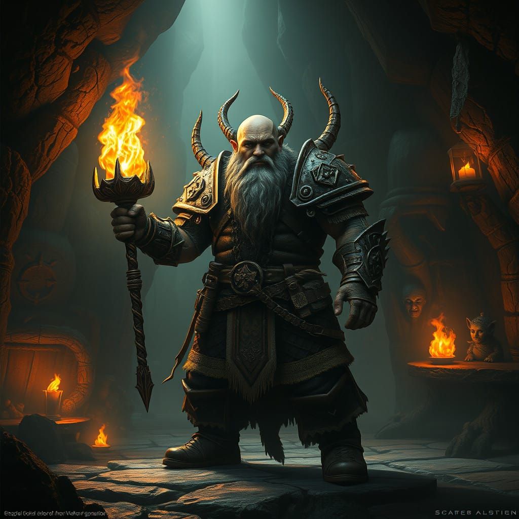 Dwarf Warrior in Dragon Armor in a Mystic Dungeon