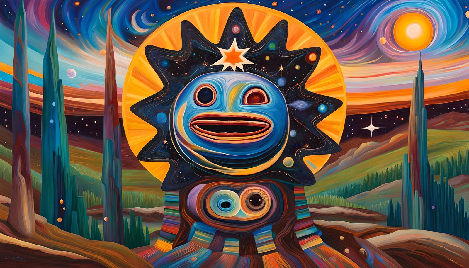 Electrified Cosmos: Impasto Star-Kachina Portrait