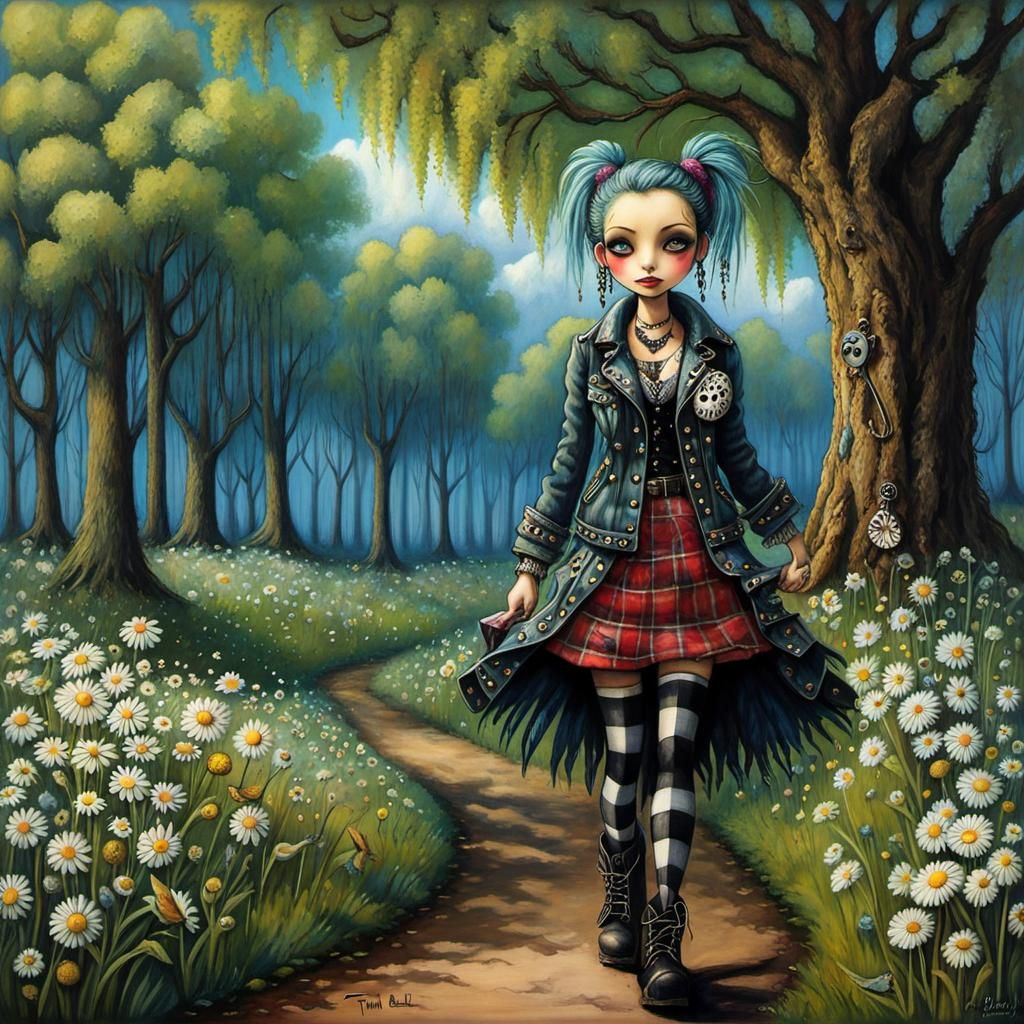 Punk Rocker Girl on Park Trail, Folk Art Style