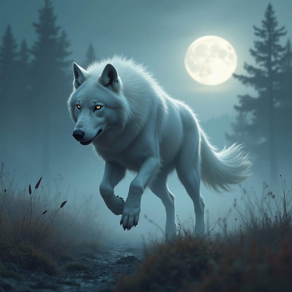 majestic silver-white wolf gallops across a misty moor under...