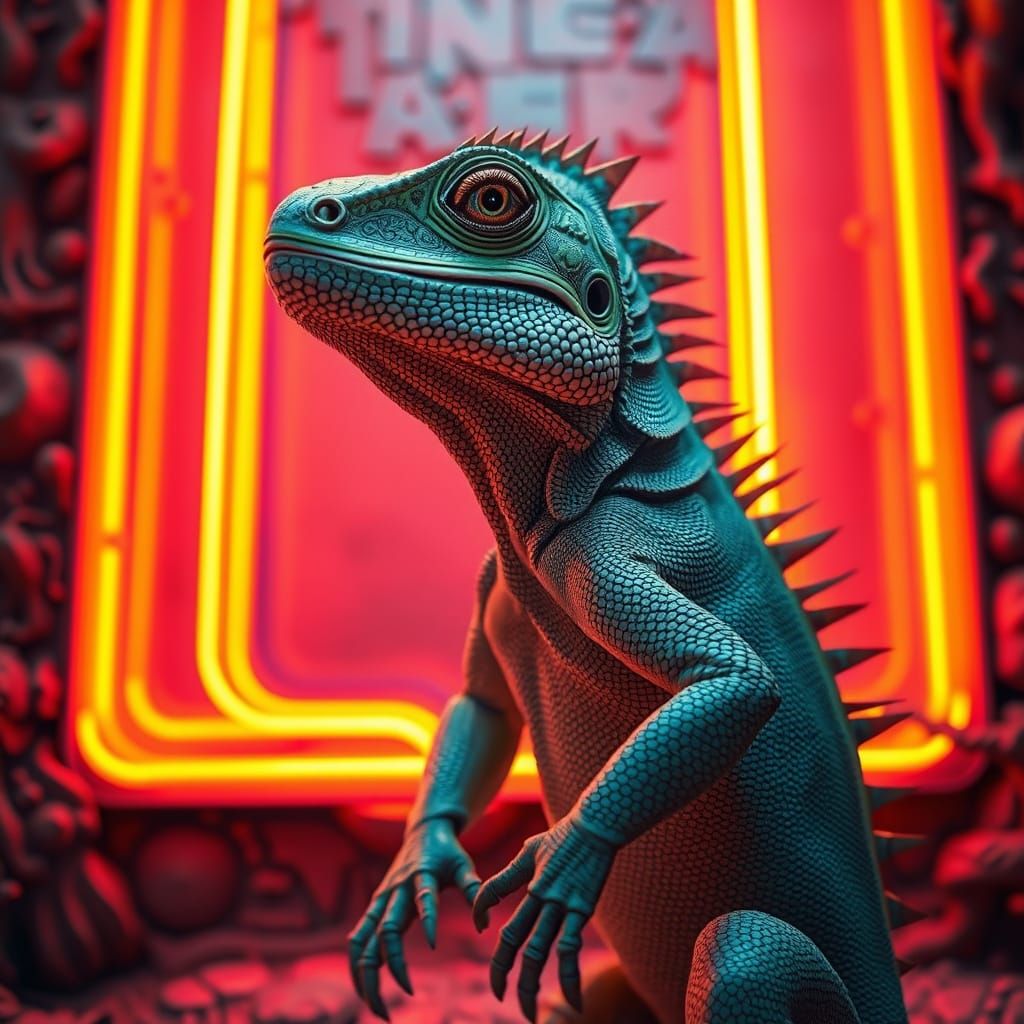 Iguana and Golden Letter 'I' in Surreal Style