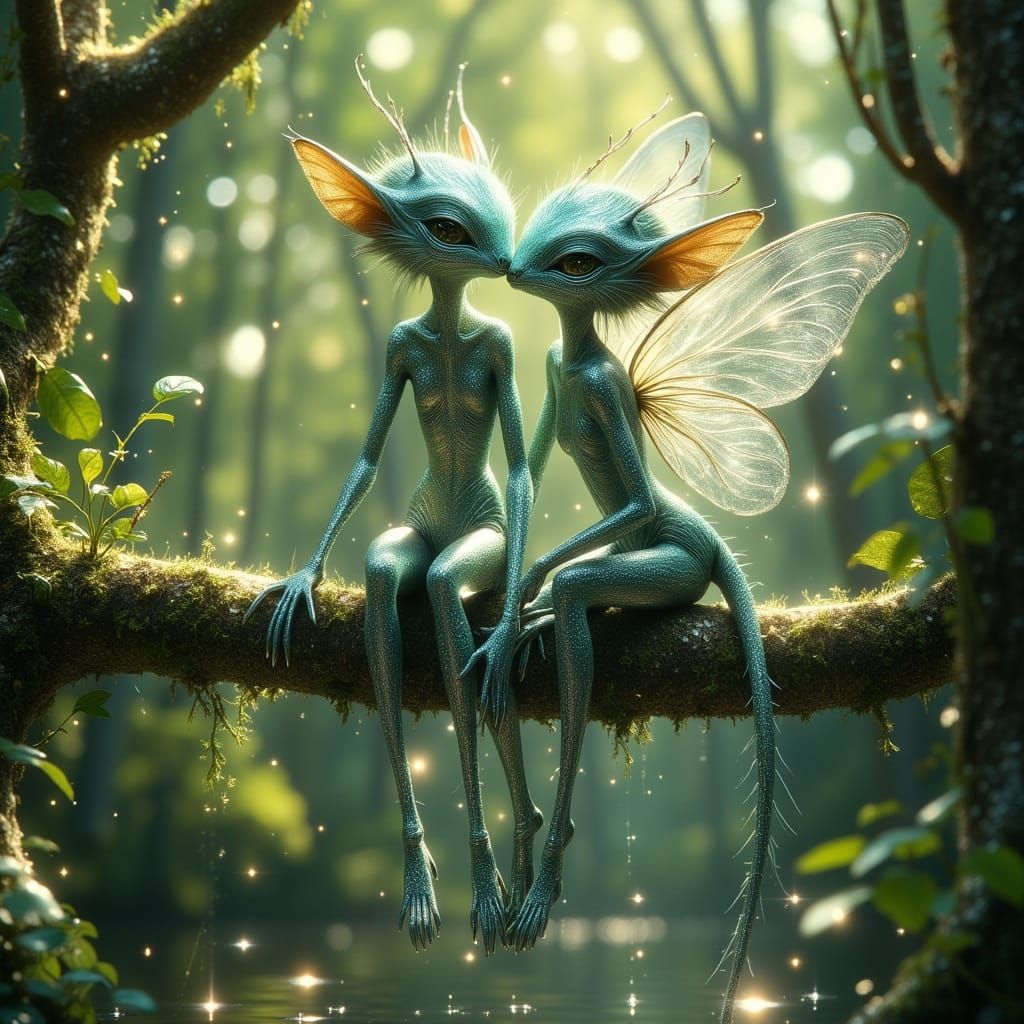 Iridescent Alien Fairies in Ethereal Forest: Macro Photograp...