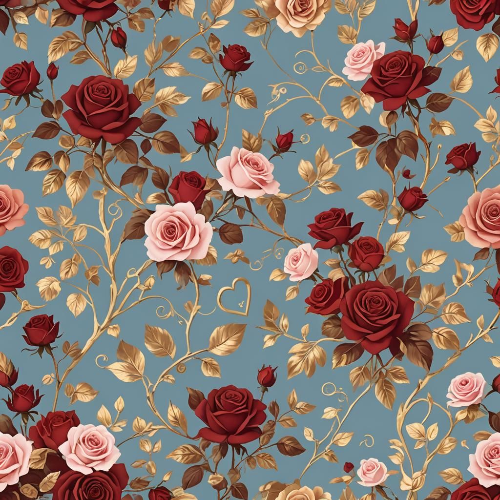Romantic Love-Themed Wallpaper with Hearts and Roses