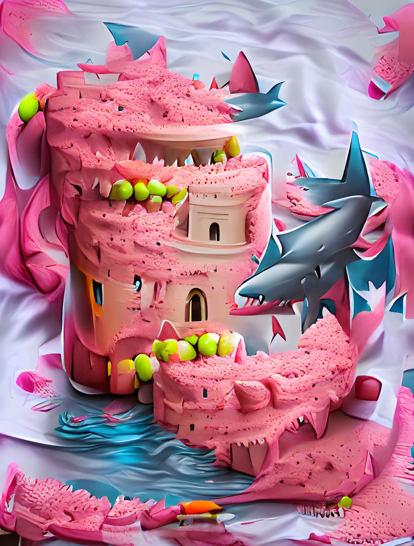Colorful Pink Shark Castle Cake: Digital Illustration