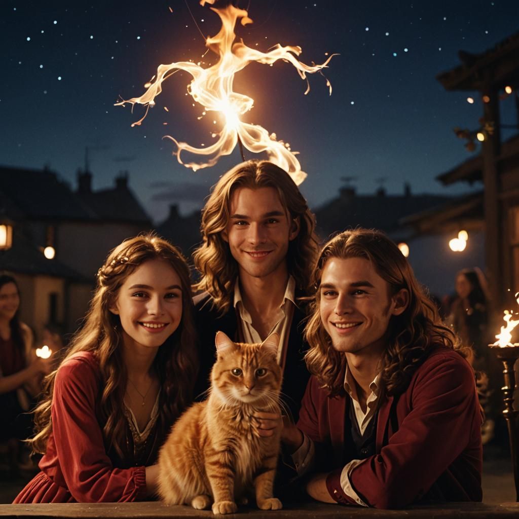 Magician Siblings with Cat in Golden Hour Lighting