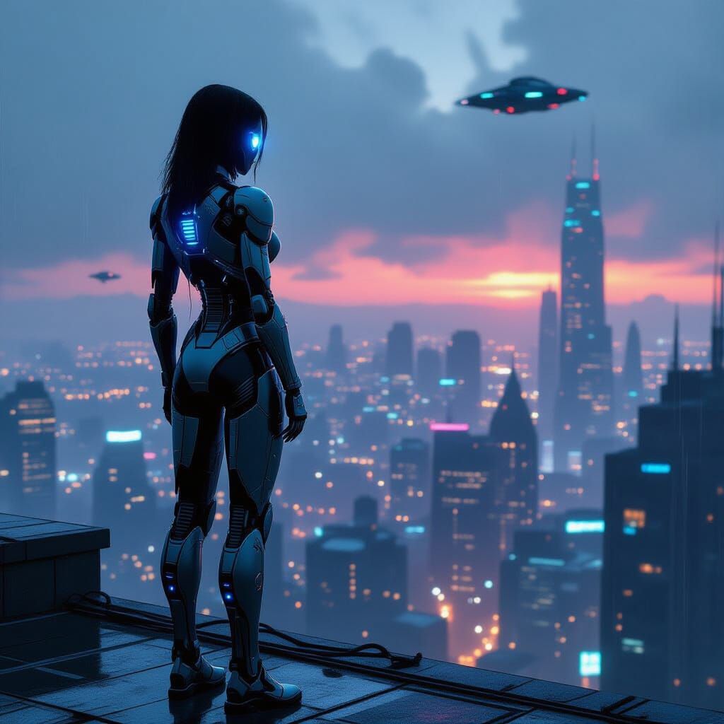 Cyborg Woman in Neon Metropolis at Twilight
